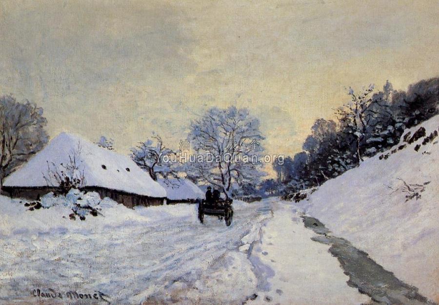 A Cart on the Snow Covered Road with Saint-Simeon Farm - 克劳德·莫奈